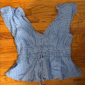 J. Crew Blue and White Striped V-Neck Cinched Waist Blouse
